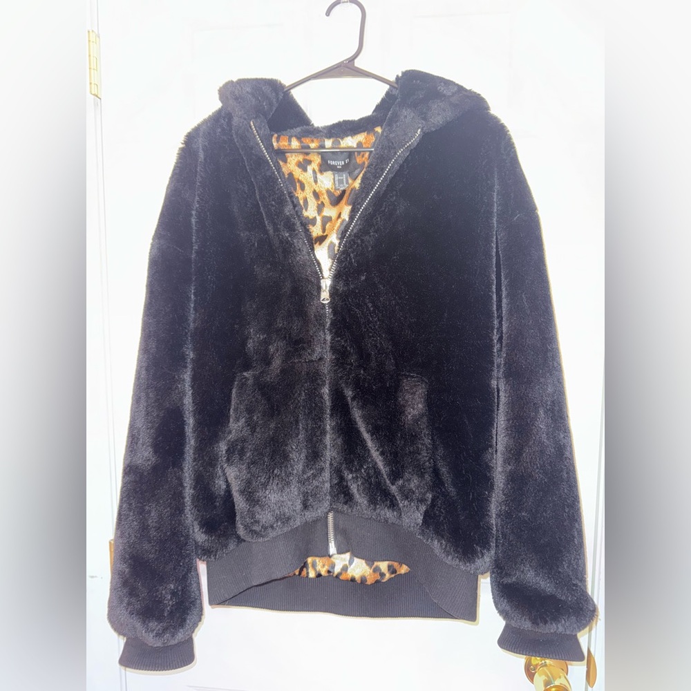 Forever 21 Black Faux Fur Jacket with Leopard Print